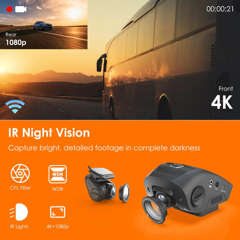 Dual 4K Front And 1080P Rear Dash Cam With GPS And WiFi featuring IR night vision and CPL filters on orange background.