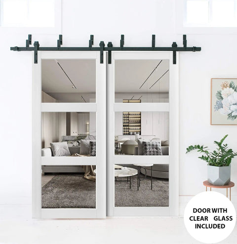 Clear Glass Sliding Closet Doors With 3 Lite Barn Bypass Vibe, 36 By 96 Inches, Matte White Finish, Top Mount Rails