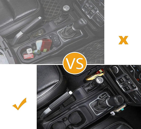 Comparison of Jeep Wrangler JL JLU and Gladiator JT 4xe center consoles with and without gear tray organizer installed.