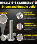 Top Tier 5/8 X 2 1/2 Inch 304 Stainless Steel Hex Head Bolts showcasing rust-proof design and USS coarse threads, ideal for outdoor use.