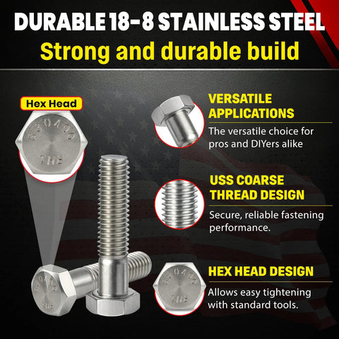 Top Tier 5/8 X 2 1/2 Inch 304 Stainless Steel Hex Head Bolts showcasing rust-proof design and USS coarse threads, ideal for outdoor use.