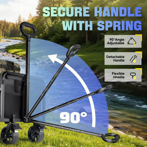 Foldable Utility Wagon With All Terrain Wheels And Brakes, Heavy Duty Cart showing adjustable spring handle by a river