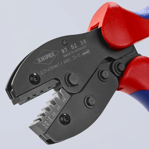 Close-up of Five Position Ferrule Crimping Pliers For Insulated And Non-Insulated End Sleeves With Precision Dies Self-Releasing Lock Calibrated Crimp Force 0.25-6 mm2 AWG 23-10 Heavy Duty Pro Grade Tool, showing crimp jaw details.
