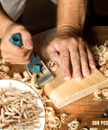 Craftsman using plane on wood with 300 Pack Solid Wood Pocket Hole Plugs For Pocket Hole Jig, Pine Wood Plugs visible