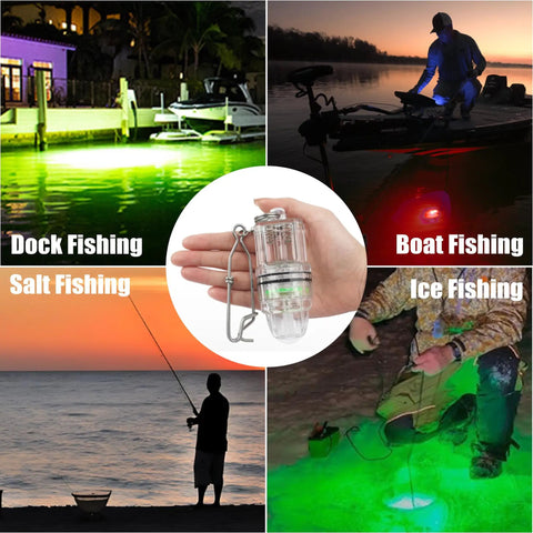 LED Underwater Fishing Light Battery Powered Deep Drop Lamp with Clip used for dock, boat, salt, and ice fishing.