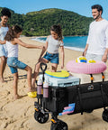 Heavy Duty Collapsible Wagon Cart With Big Wheels For Sand And Trails on beach with family, foldable wagon holding beach gear