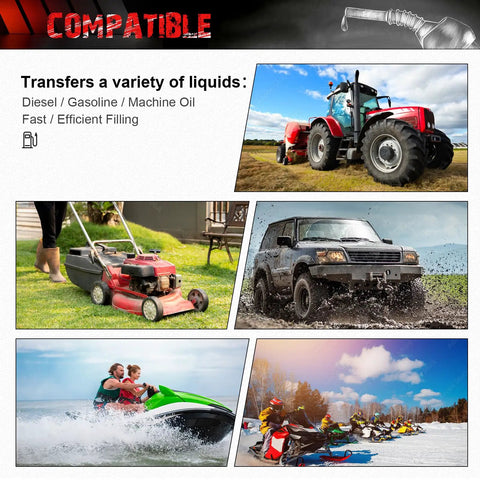 Collage showing uses for 34 Gallon Fuel Caddy With Portable Design Manual Transfer Pump And 10 Ft Delivery Hose On Wheels Diesel And Gas Storage