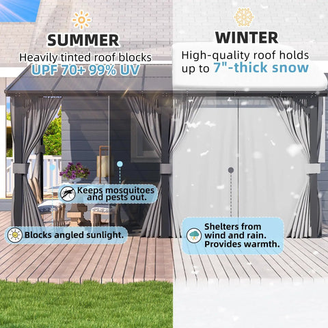 12x20 Patio Gazebo With Curtains And Mosquito Netting Large Wall Mounted Lean To Pergola With Hard Top in summer and winter settings