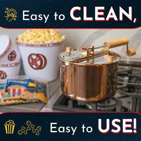 Premium Stainless Steel Stove Top Popcorn Maker With Patented Stirring Gears For Quick Home Movie Night Treats That Hit Different Like Fresh Theater Grade Buttered Popcorn in kitchen setting.