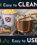 Hella Fluffy Stovetop Popcorn Maker Six Quart Aluminum Pot with stirring gears on stove, surrounded by popcorn supplies.