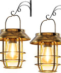 Two Pack Solar Lanterns Outdoor Waterproof Hanging Lights With Wall Hooks Retro Metal Lanterns Auto On Off Warm Glow