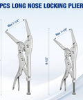 Image showing sizes of 5 Piece Locking Pliers Set With Chrome-Vanadium Steel, including 6.5 inch and 9 inch long nose pliers.