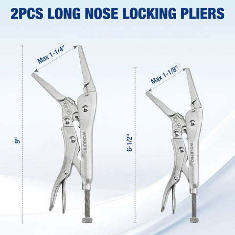 Image showing sizes of 5 Piece Locking Pliers Set With Chrome-Vanadium Steel, including 6.5 inch and 9 inch long nose pliers.
