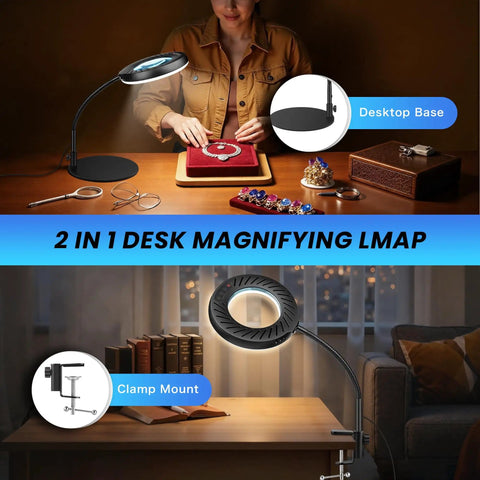 12X Magnifying Glass With Light And Stand For Crafting showing desk lamp with flexible gooseneck and two mounting options