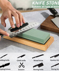 Hands using Pro Grade Double Sided Whetstone Knife Sharpening Kit With 400 And 1000 Grit On One Side And 3000 And 8000 On The Other