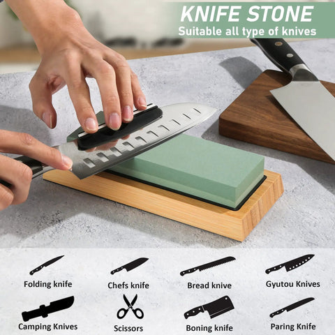Hands using Pro Grade Double Sided Whetstone Knife Sharpening Kit With 400 And 1000 Grit On One Side And 3000 And 8000 On The Other