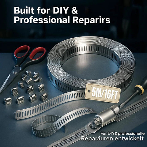 Stainless steel 304 hose clamp kit with cut-to-fit 16 ft strap and 12 fasteners, DIY worm-drive clamps, silver