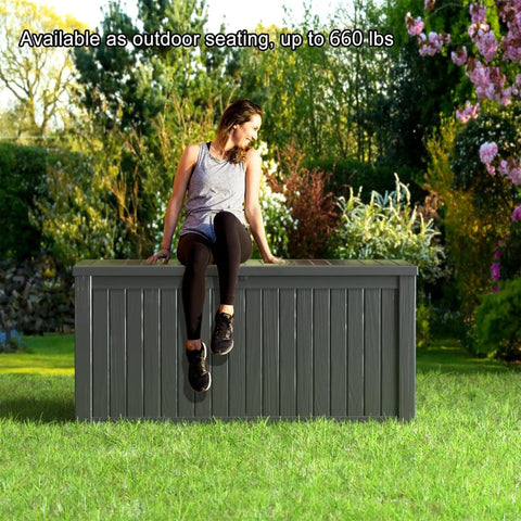 180 Gallon Resin Outdoor Deck Box Waterproof Storage Chest For Patio Furniture Cushions Pool Accessories And Garden Tools Easy Access Lid UV Resistant And Weatherproof Black used as seating