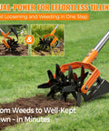 Two In One Rotary Hand Tiller For Gardening With An Adjustable 63 Inch Stainless Steel Pole, Front Weeding Blades And Rear Tilling Blade in use on lawn