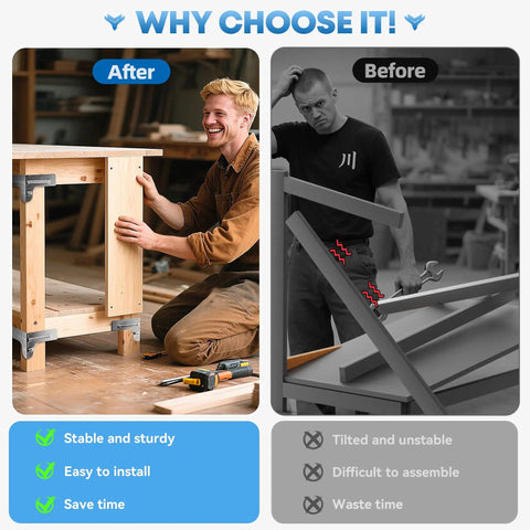 Comparison of stable workbench with Heavy Duty Galvanized Steel 2x4 Workbench Bracket Kit for DIY projects before and after use.