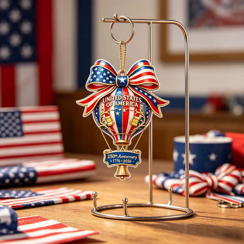 250th Anniversary Acrylic Ornament With American Flag Stars And Stripes Design For Semiquincentennial Celebration 1776 2026 Patriotic Hanging Decor For Home Parties Christmas Tree Hot Air Balloon Style 3.15 Inch displayed on stand