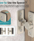 Instruction guide showing spacer use for Heavy Duty 90 Degree Barn Door Lock With Zinc Alloy Build on uneven door, nickel finish.