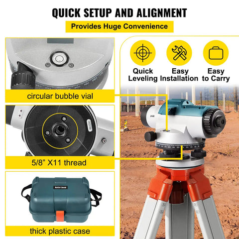 Automatic Transit Level Kit With 24X Optical And 40mm Lens on tripod with bubble vial, thread, and carrying case in construction site