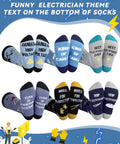 Six Pairs Novelty Electrician Socks For Men With Dope Designs Mid Calf Crew Socks Gift Set For Electricians And Electrical Engineers Perfect Father's Day Or Birthday Present image featuring socks with electrician-themed text.