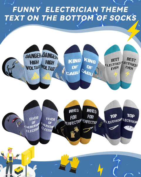 Six Pairs Novelty Electrician Socks For Men With Dope Designs Mid Calf Crew Socks Gift Set For Electricians And Electrical Engineers Perfect Father's Day Or Birthday Present image featuring socks with electrician-themed text.