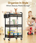 Three Tier Rolling Metal Cart With Wheels For Home Office Craft Kitchen Bedside Storage Dope Utility Cart With Hanging Cups Hooks And Mesh Basket Heavy Duty Black 110 Lbs Capacity