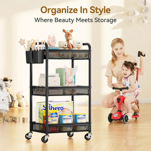 Three Tier Rolling Metal Cart With Wheels For Home Office Craft Kitchen Bedside Storage Dope Utility Cart With Hanging Cups Hooks And Mesh Basket Heavy Duty Black 110 Lbs Capacity