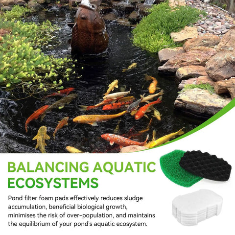 Pond with koi fish and rocks, featuring pond filter pads from All In One Pond Filter Maintenance Kit For Outdoor Ponds 600 To 900 Gallons.
