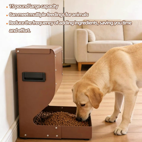 Heavy Duty Outdoor Dog Automatic Feeder 15 Pound Large Capacity All Weather Shell with dog eating dry kibble.