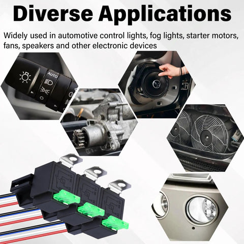 3 Piece 12V Fuse Relay Harness Set With Built In 30A Blade Fuse, 4 Pin SPST Automotive Relays for diverse automotive applications