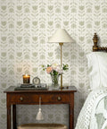 Fresh Green Floral Wallpaper Peel And Stick Self Adhesive Tulip Contact Paper on bedroom wall with rustic decor.