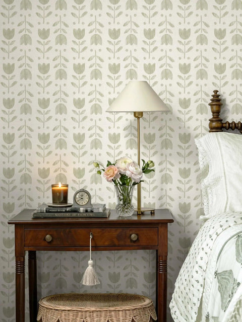 Fresh Green Floral Wallpaper Peel And Stick Self Adhesive Tulip Contact Paper on bedroom wall with rustic decor.