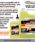 Premium Synthetic Blend Marine Grade Hydraulic Steering Fluid ISO 15 in 32oz and gallon bottles with product features.