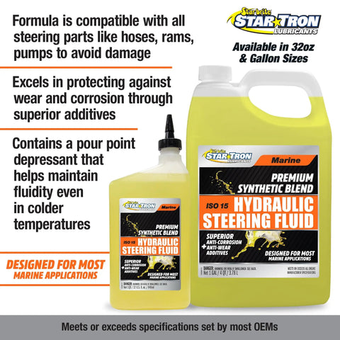 Premium Synthetic Blend Marine Grade Hydraulic Steering Fluid ISO 15 in 32oz and gallon bottles with product features.
