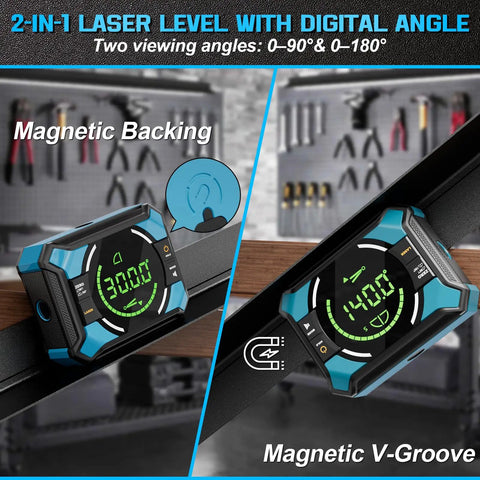 2-in-1 laser level with digital angle finder, magnetic backing, 90° display, wall alignment, DIY projects, tool in use view