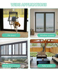 No Sweat DIY Trim To Fit Window Screen For Sliding Doors And Patios And Pet Proof Anti Mosquito Mesh That Keeps Nasty Bugs At Bay, showing applications for pet doors, window and sliding door screens, and patio screens.