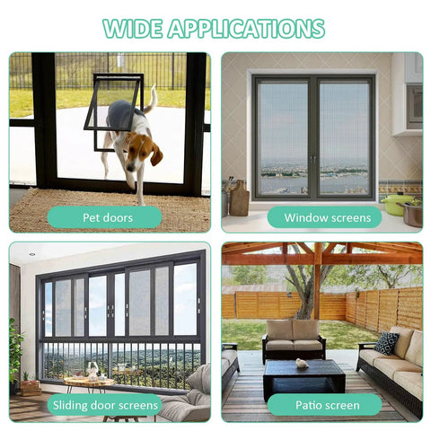 No Sweat DIY Trim To Fit Window Screen For Sliding Doors And Patios And Pet Proof Anti Mosquito Mesh That Keeps Nasty Bugs At Bay, showing applications for pet doors, window and sliding door screens, and patio screens.