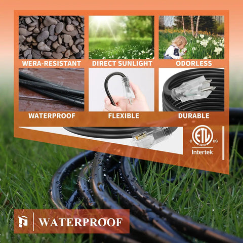 Heavy Duty Outdoor Extension Cord 6 Ft 12 Gauge With Lighted End ETL Listed 15A 1875W SJTW NEMA 5-15P to 5-15R Black