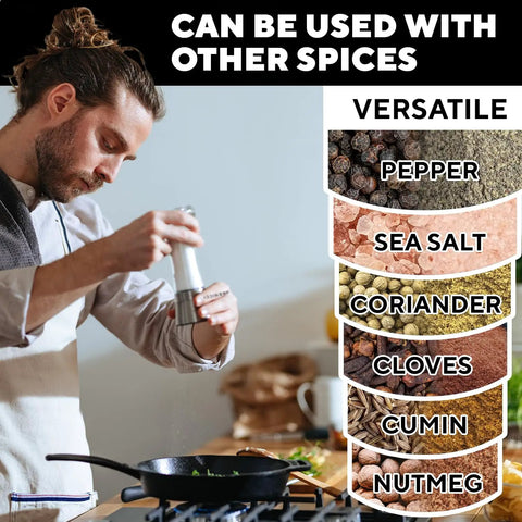 Chef using Refillable Stainless Steel Salt And Pepper Grinder Set Of 2 With Adjustable Coarse Mills Easy Clean Ceramic Grinders