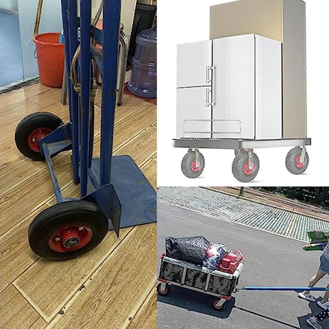 Beefy Heavy Duty Caster Wheels Set With Top Plate Swivel Casters, showing use on hand carts, fridges, and outdoor carts, 900 lbs capacity.