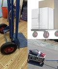 Rock Solid Heavy Duty Swivel Casters Rated 900 Lbs on a dolly transporting a refrigerator and boxed items.