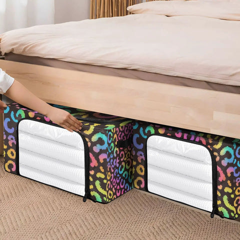 Hella Roomy Foldable Storage Bin With Clear Front Window And Top Front Twin Zippers Built Tough Steel Rod Support Real Sturdy Home Organizer Leopard Print Rainbow Decor under bed with bedding.