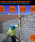 Construction worker using One Sided Laser Detector with Clamp for Red Beam Rotating Lasers, visible on wall, outdoor setting.
