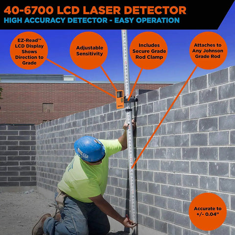 Construction worker using One Sided Laser Detector with Clamp for Red Beam Rotating Lasers, visible on wall, outdoor setting.