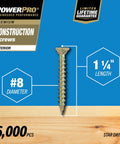 Interior Wood Screws Size Eight By One And Quarter Inches, Star Drive Flat Head shown with specifications and packaging details