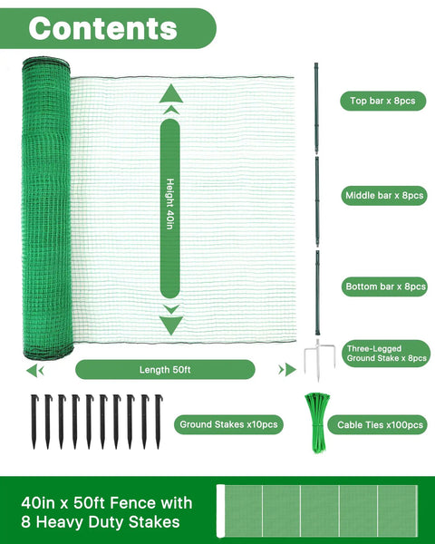 Contents of Wind Resistant Temporary Fence With Metal Posts For Outdoor Dogs And Pets, 40 Inch High By 50 Foot Long Garden Boundary